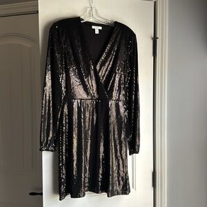Black Sequin Long Sleeve Dress with Waist Tie